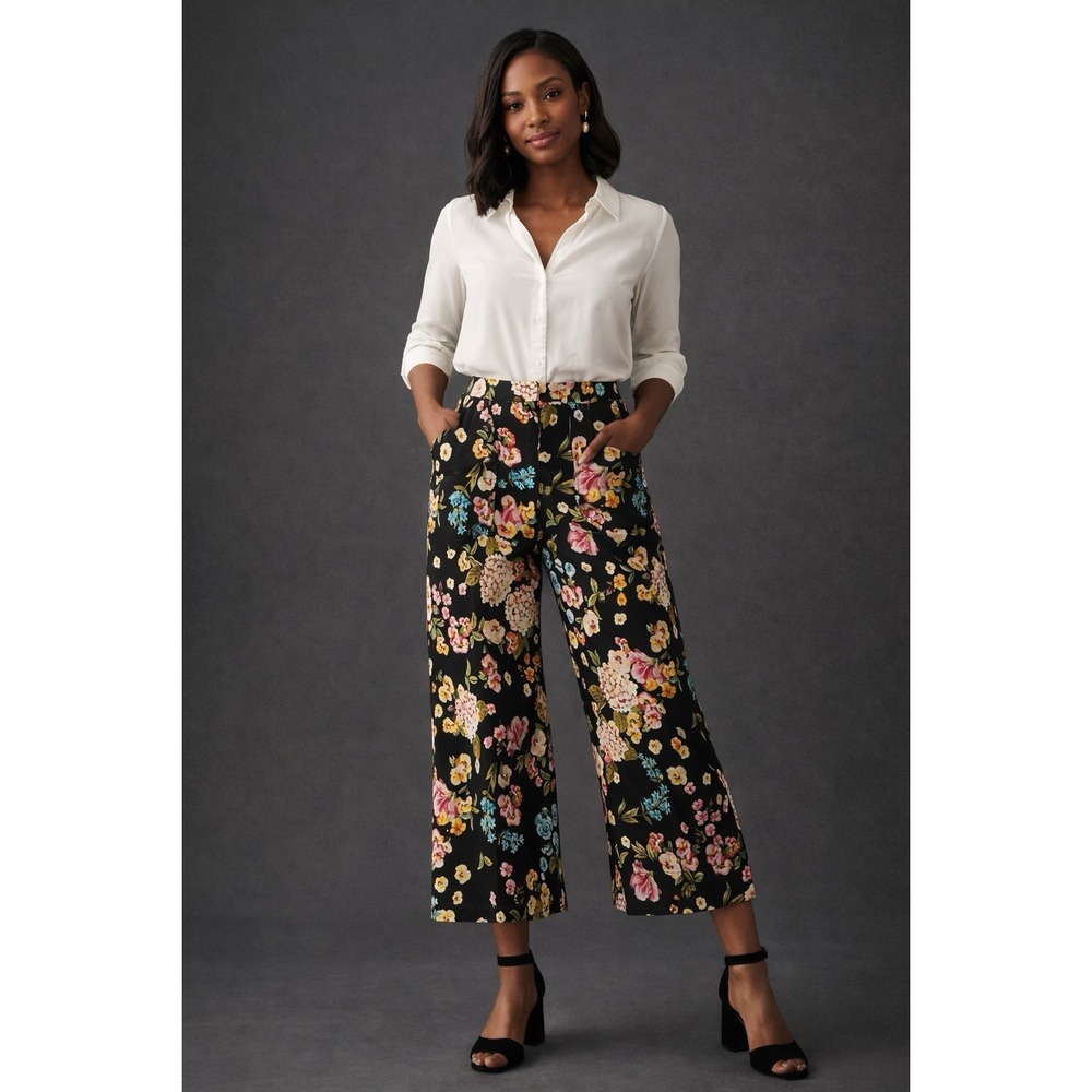 Anthropologie Maeve 31 The Colette Crop Wide Leg Pants Floral Cottagecore
